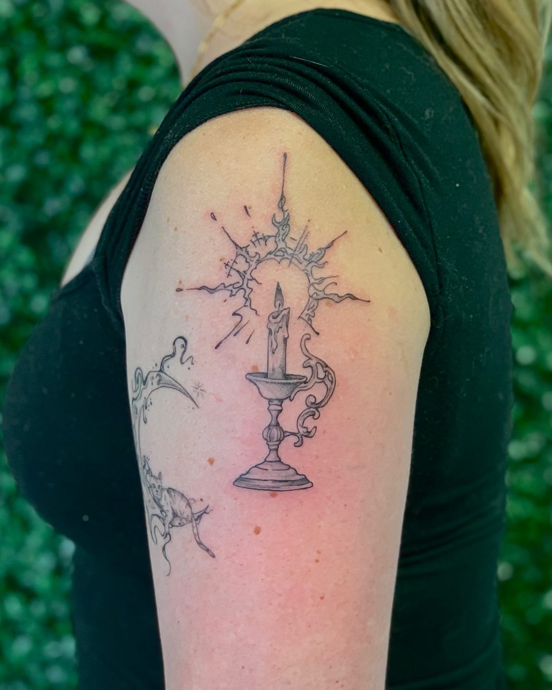 A fine line shoulder piece by Kyrie Weir